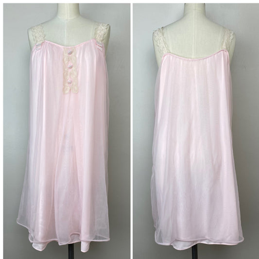 1960s Pastel Pink Sheer Short Shift Nightgown, Aristocraft by Superior, Size Medium