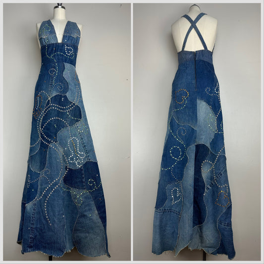 1970s Love Melody Denim Patchwork Maxi Dress, Size Small