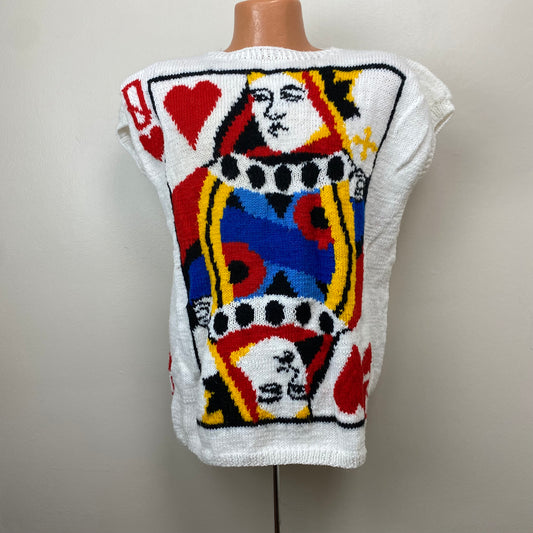 1980s Hand Knitted Queen of Hearts Sweater, Size S-L, Perry Ellis Pattern, Vogue Knitting 1985