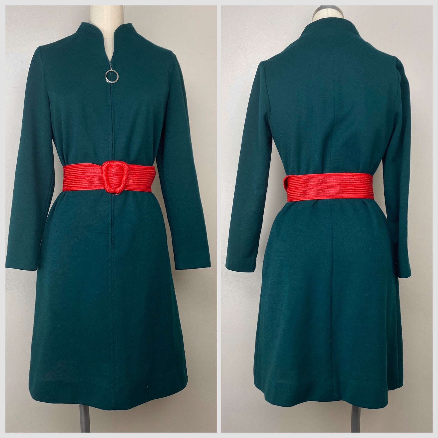 1970s Forest Green Mod Mini Dress, K II, Size S/M