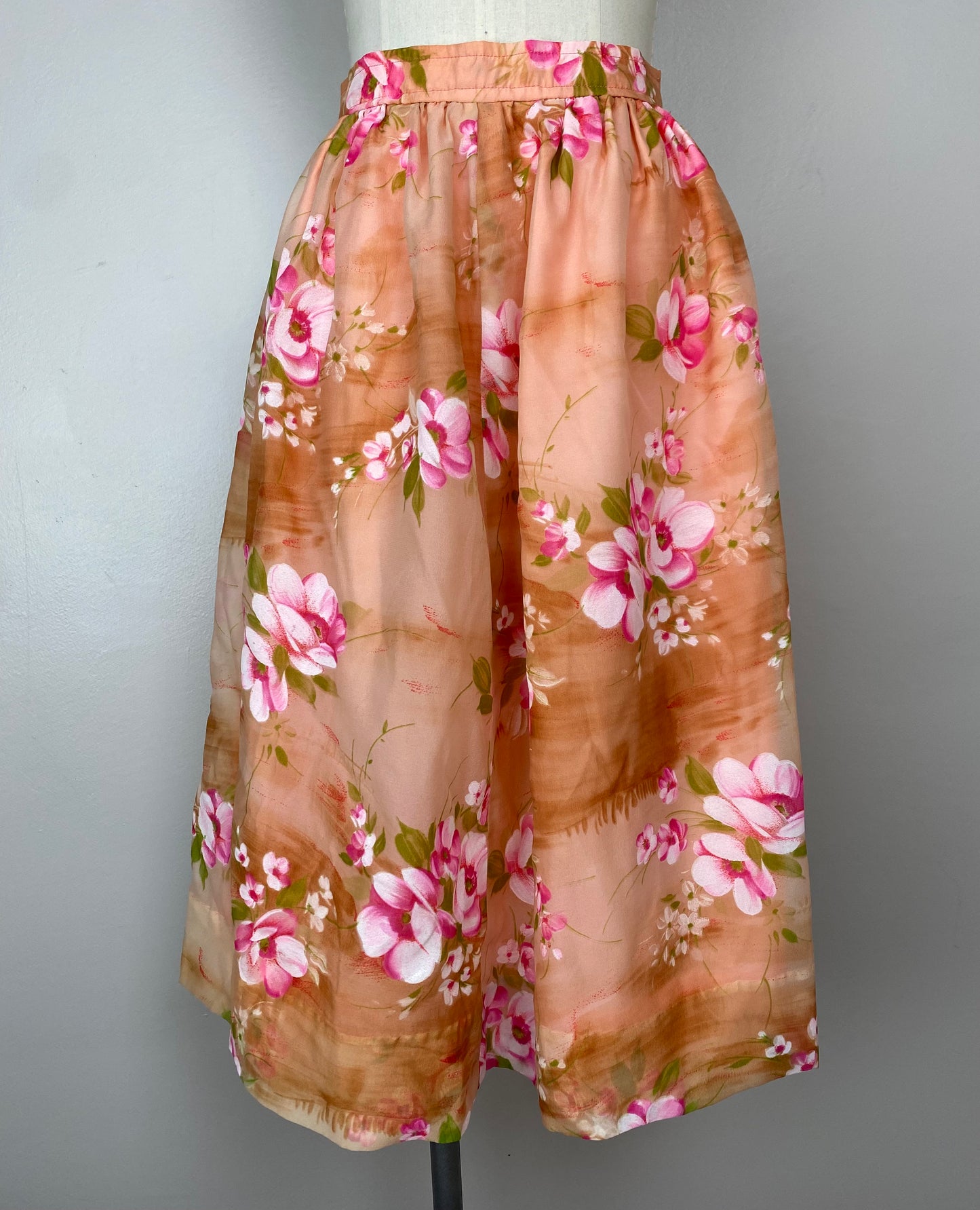 1960s Peach and Pink Floral Midi Skirt, Size Medium, 28.5" Waist