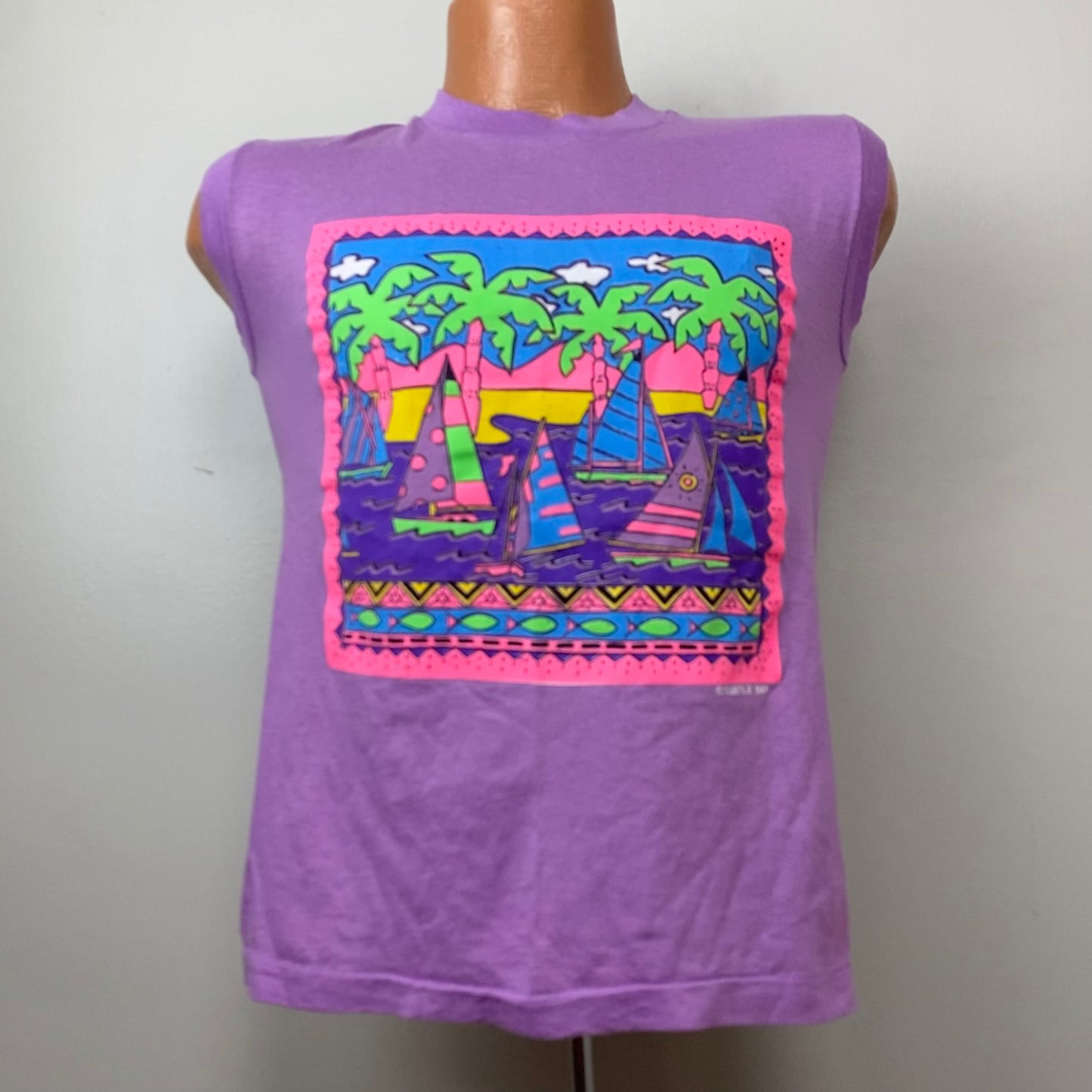 1980s Neon Print Beach Muscle Tee, Size Small, Turtle Bay Hawaii, Screen Stars Sleeveless T-Shirt