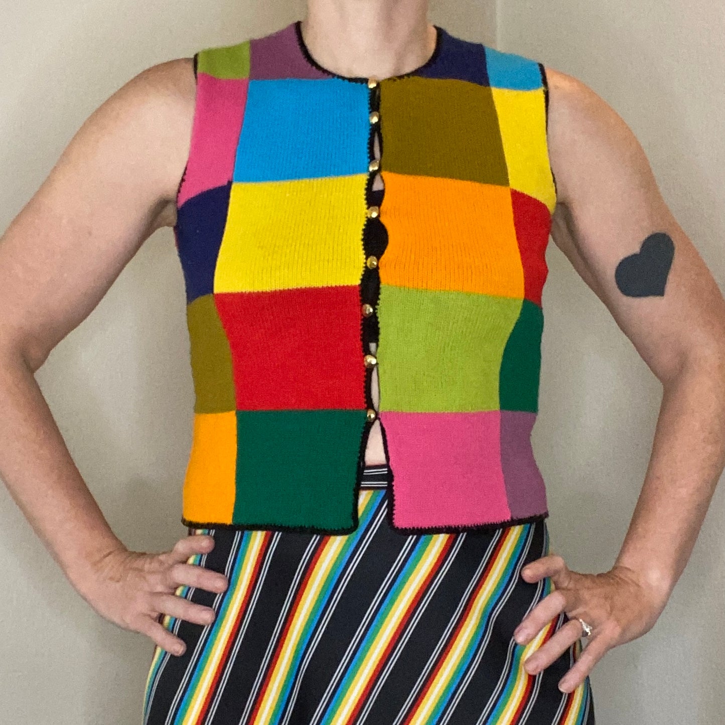 1970s Rainbow Square Patchwork Sweater Vest, Size S/M