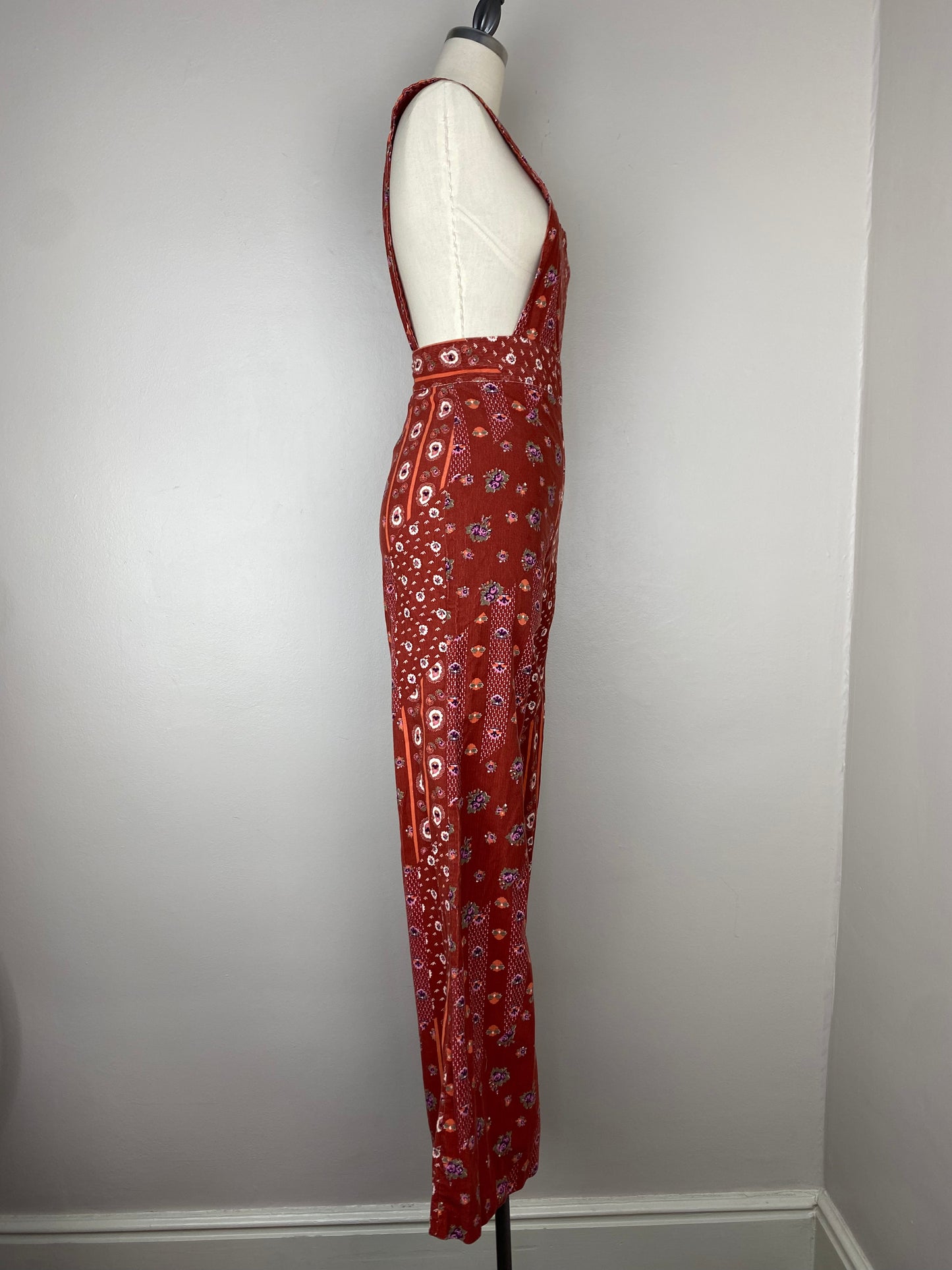 1970s Printed Corduroy Low Back Overalls, Sportset Size XS, High Waisted Bell Bottoms