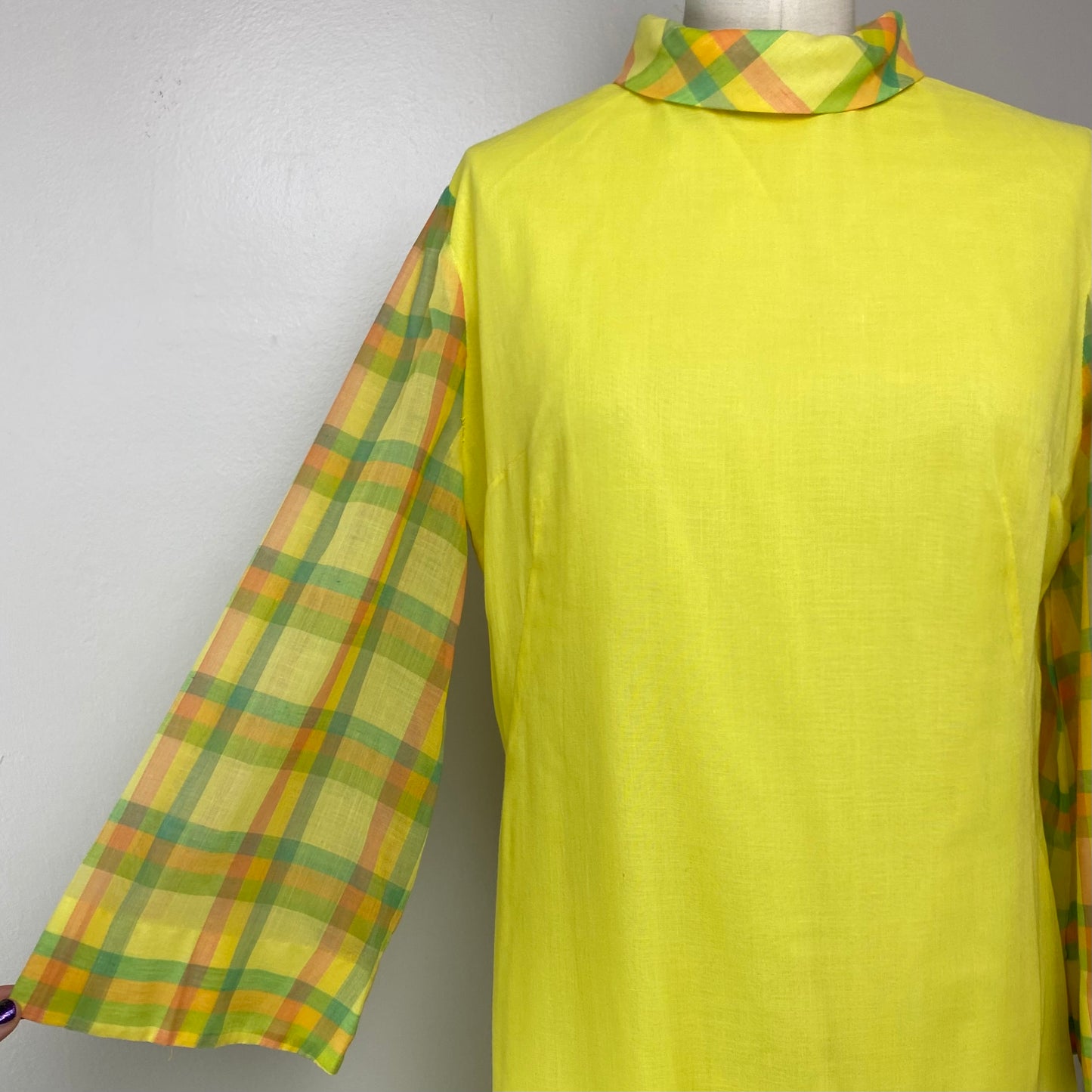 1960s Mod Yellow Dress with Plaid Sleeves, Size Medium