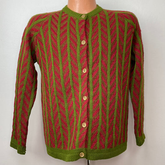1960s Cardigan Sweater, Petti Size Medium, Berry and Olive Chevron