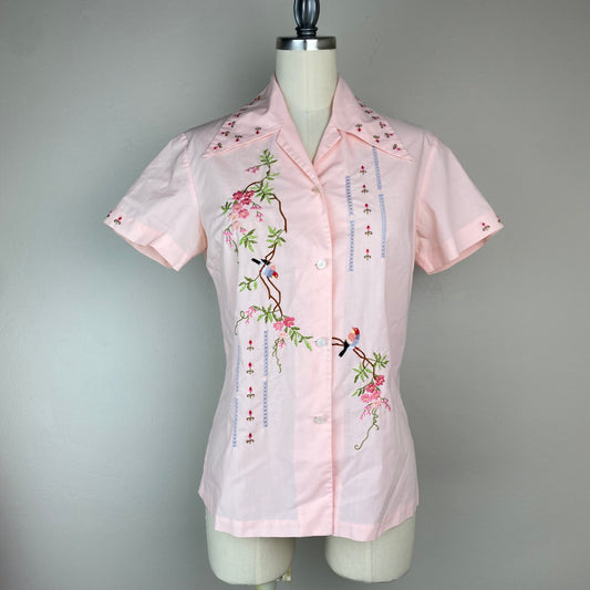 1970s Hand Embroidered Pink Blouse, Daffodil Size Small