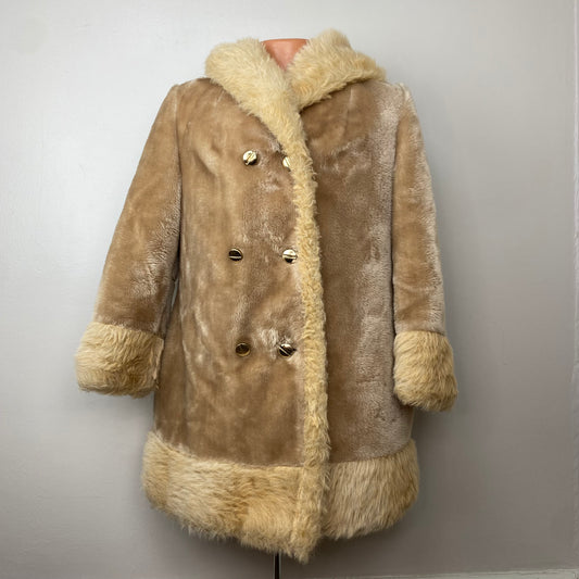 1970s Hooded Tan Faux Fur Coat, Sears Fashions Size S/M