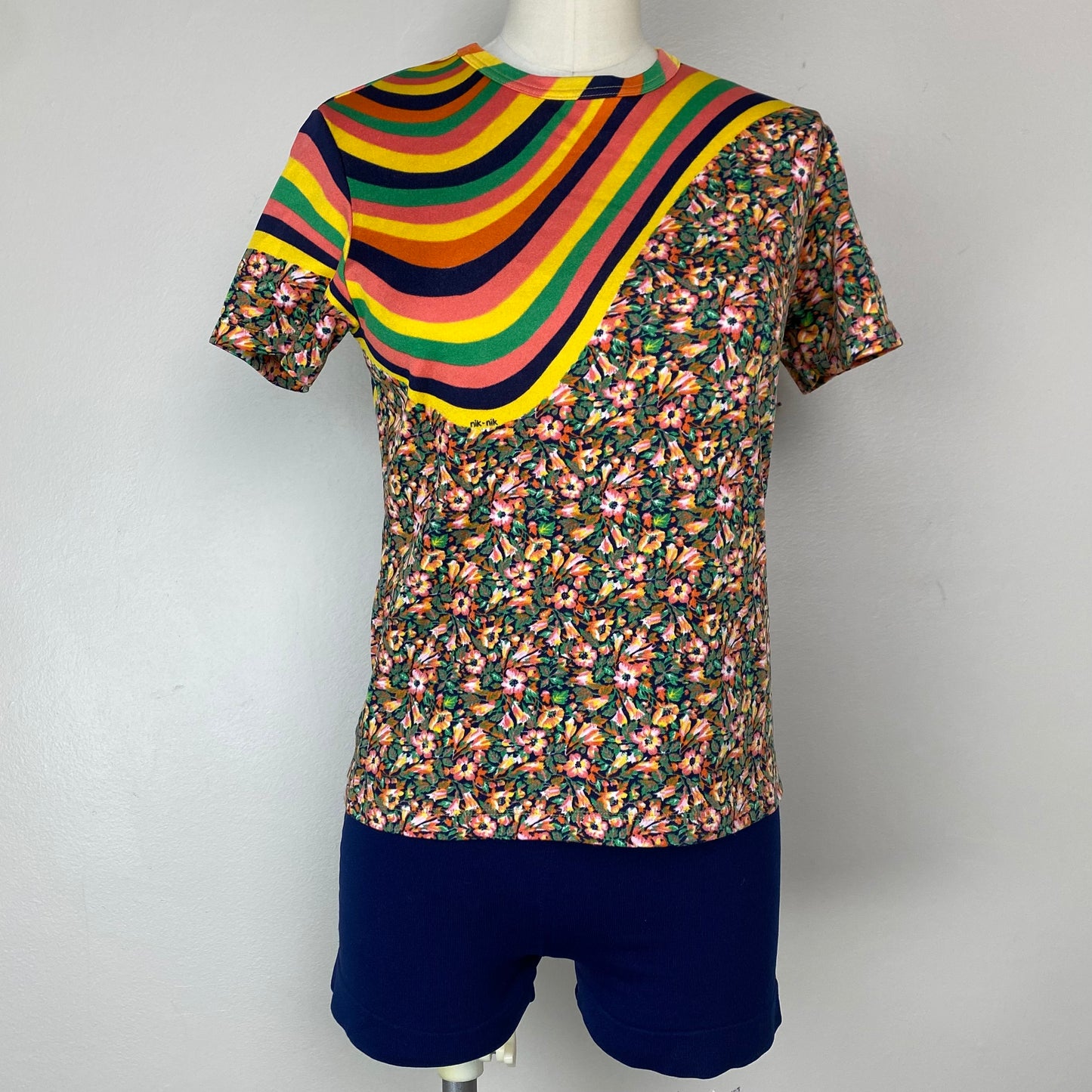 1970s Nik-Nik Floral and Stripes Nylon T-Shirt, Size Small