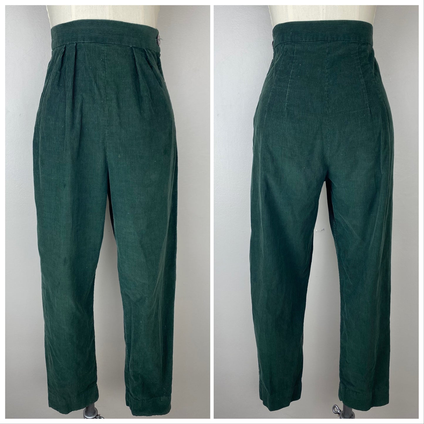 1950s Green Corduroy Pants, Size XS, Side Zip, Pleated, Cropped Tapered Leg