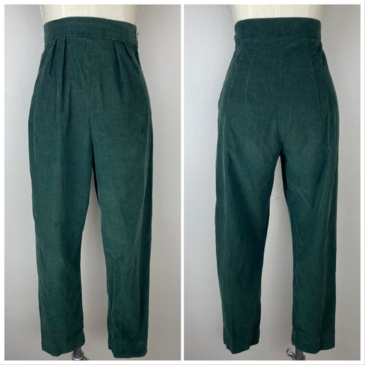 1950s Green Corduroy Pants, Size XS, Side Zip, Pleated, Cropped Tapered Leg