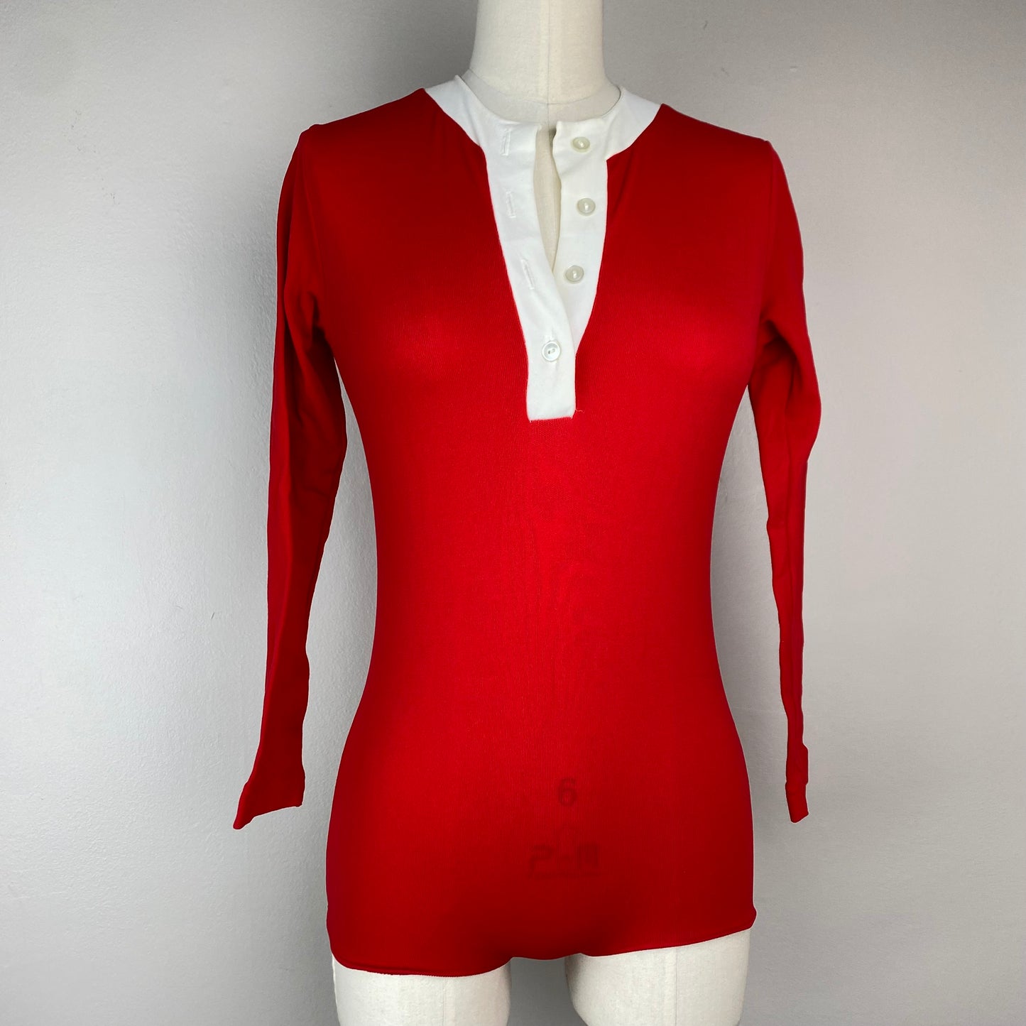 1970s Red Henley Nylon Bodysuit, Carol Evans, Size XS