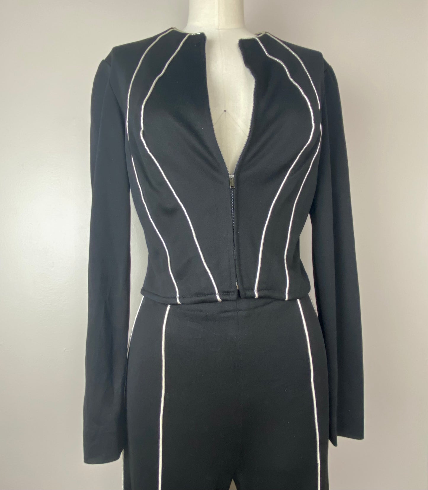 1970s Funky Black and Silver Bellbottom Suit, Cropped Jacket, Size Medium