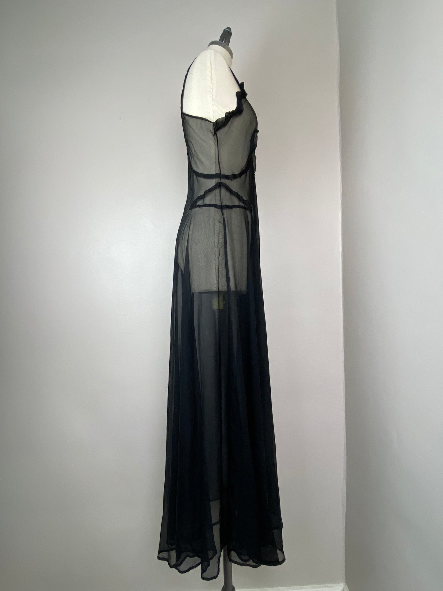 1940s Sheer Black Bias Cut Nightgown, Lady Doretta Size 34