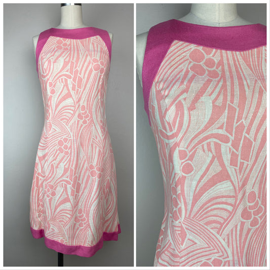 1960s Pink Swirly Floral Sleeveless Shift Dress, Size XS/Small