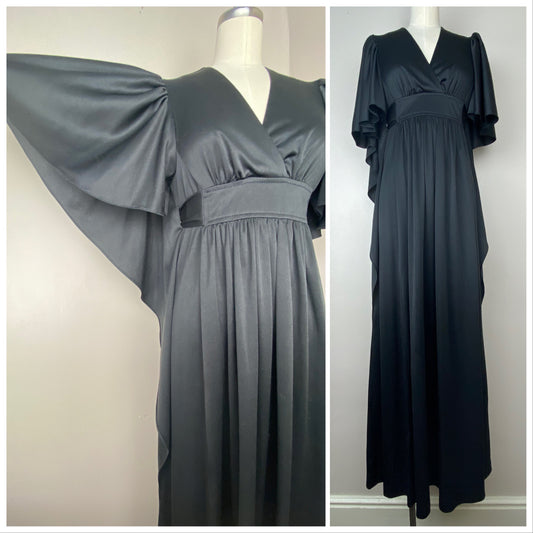 1970s Black Maxi Dress with Flutter Sleeves, Jerell of Texas, Size S/M