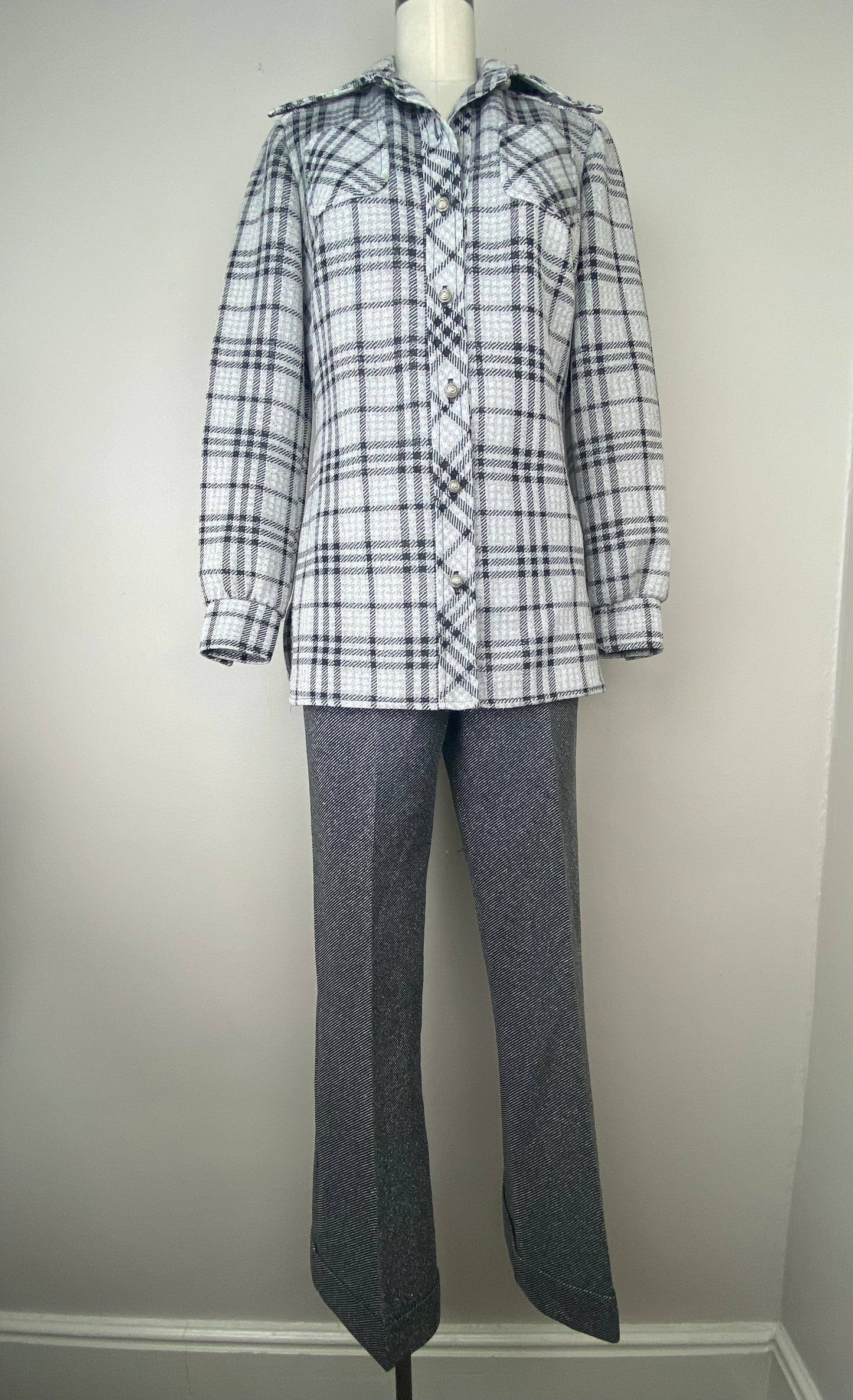 1970s Lurex Leisure Suit, Tucker Knits, Black and Silver Plaid Shirt Jacket and Diagonal Stripe Flare Leg Pants