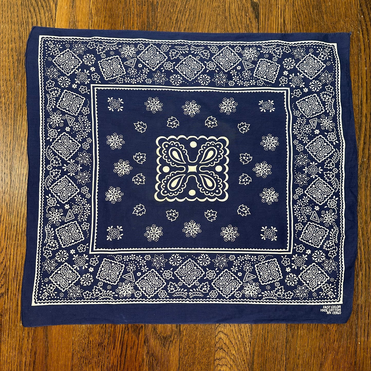 1950s/60s Indigo Blue Bandana, RN 13960, Floral Medallion, Selvage Edge