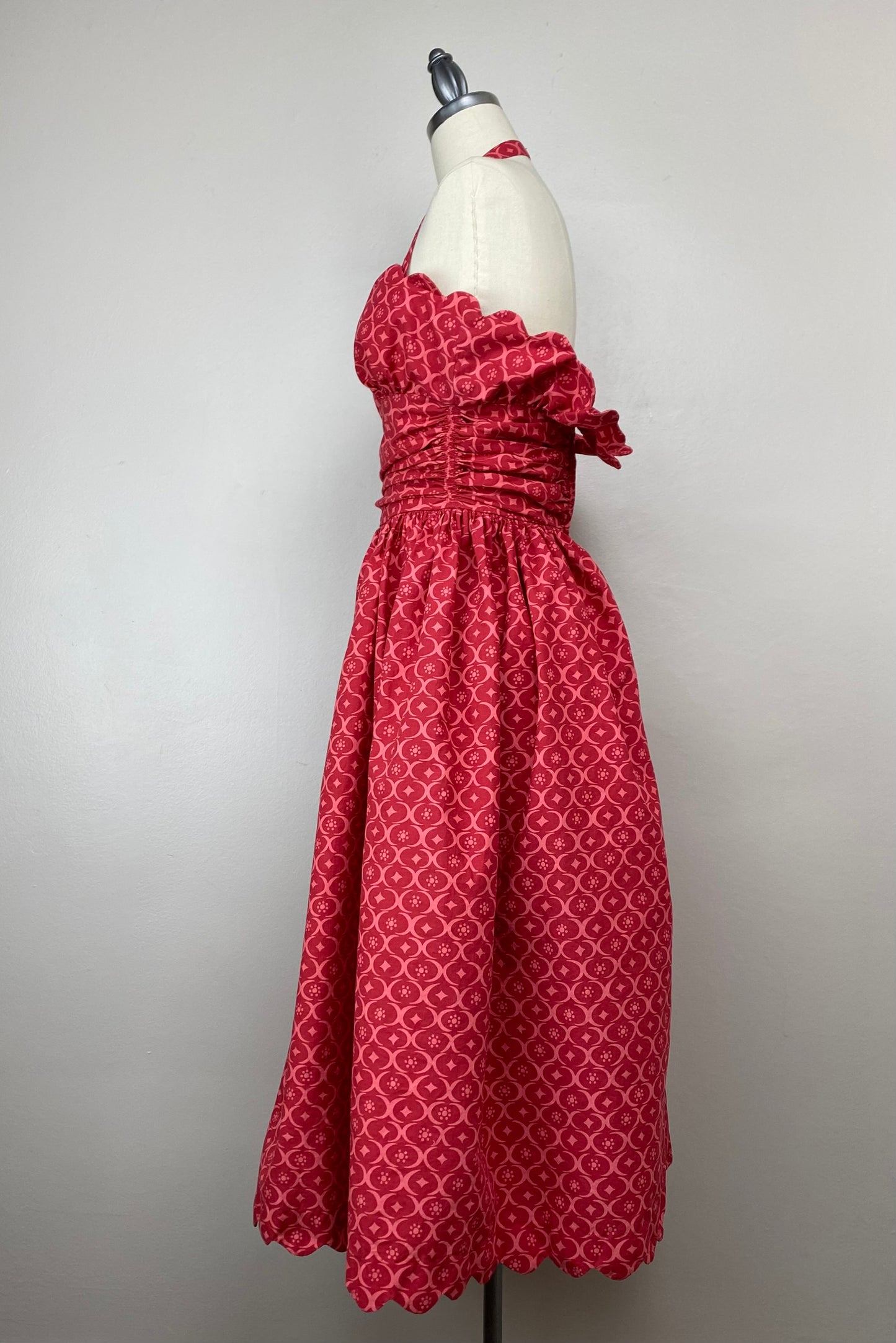 1940s/50s Tina Leser by Foreman Asymmetrical Halter Dress, Size XXS, Pink Geometric Print, Midi Length, Strapless