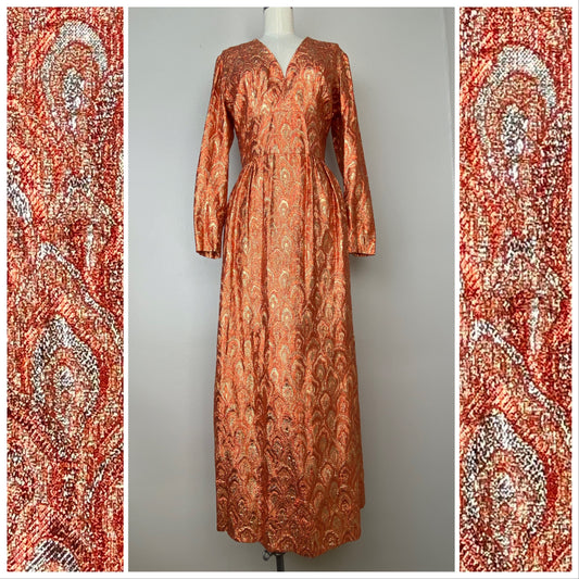 1960s/70s Orange and Gold Lurex Brocade Maxi Dress, Size Medium