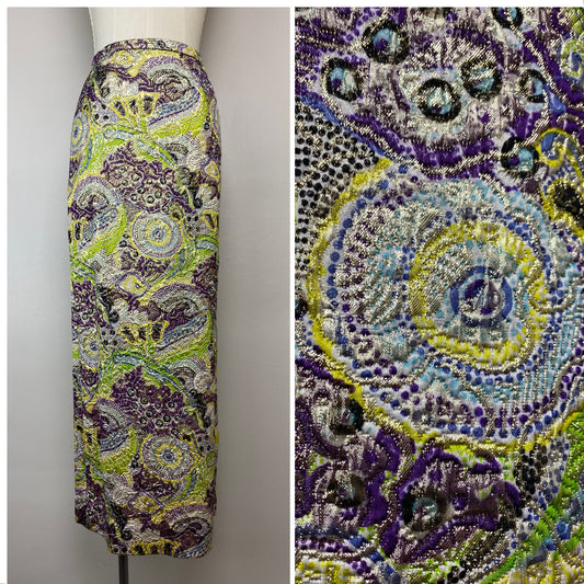 1960s Brocade Maxi Skirt, Size XS, Psychedelic Floral Swirl Design