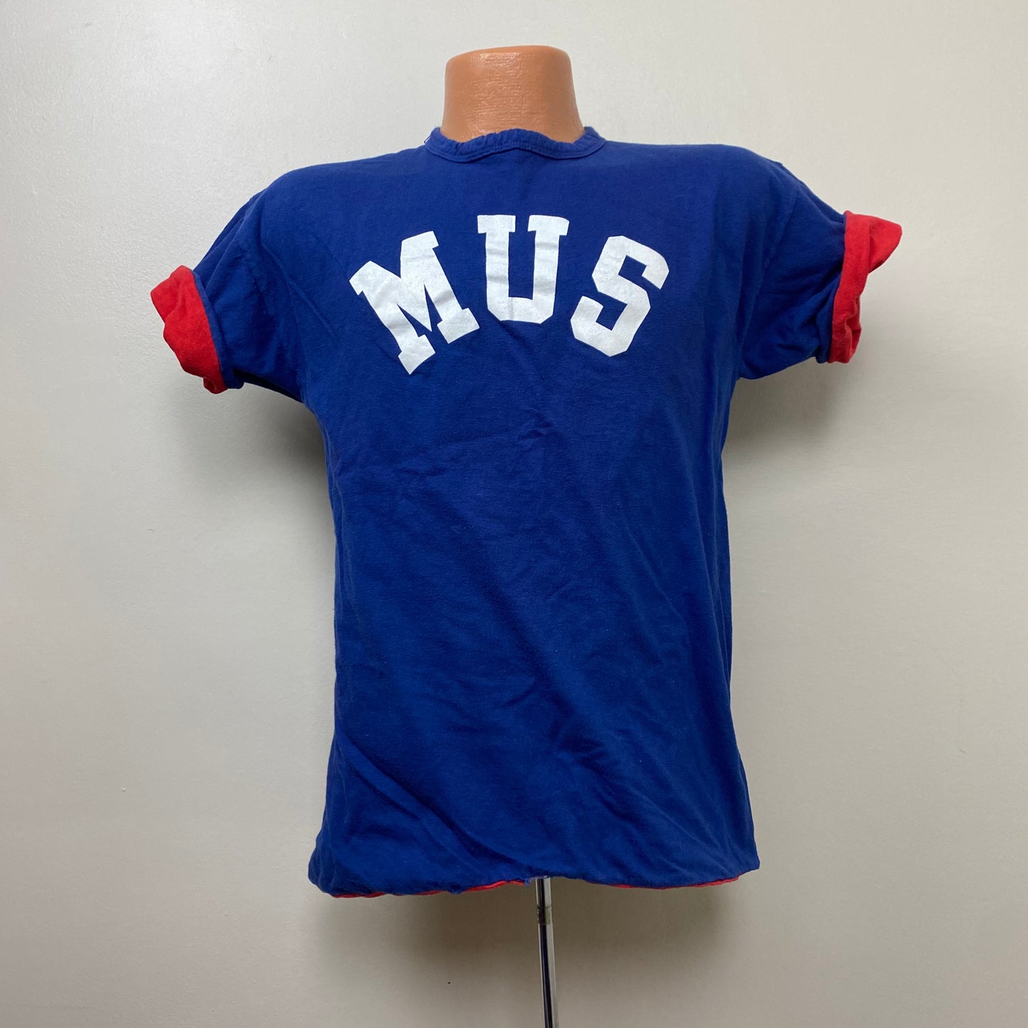 1970s MUS Gym T-Shirt, Champion Blue Bar Double Reversible Tee, Size Small, Memphis University School