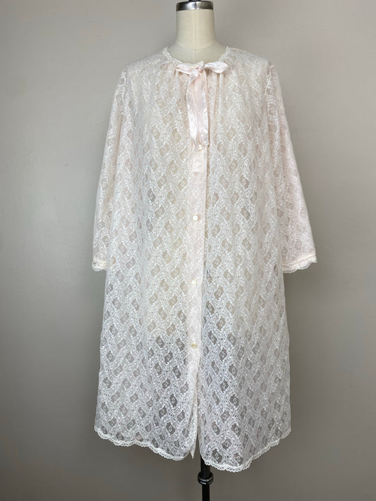 1960s Pastel Pink Lace Robe, Heiress Lingerie, Size Medium