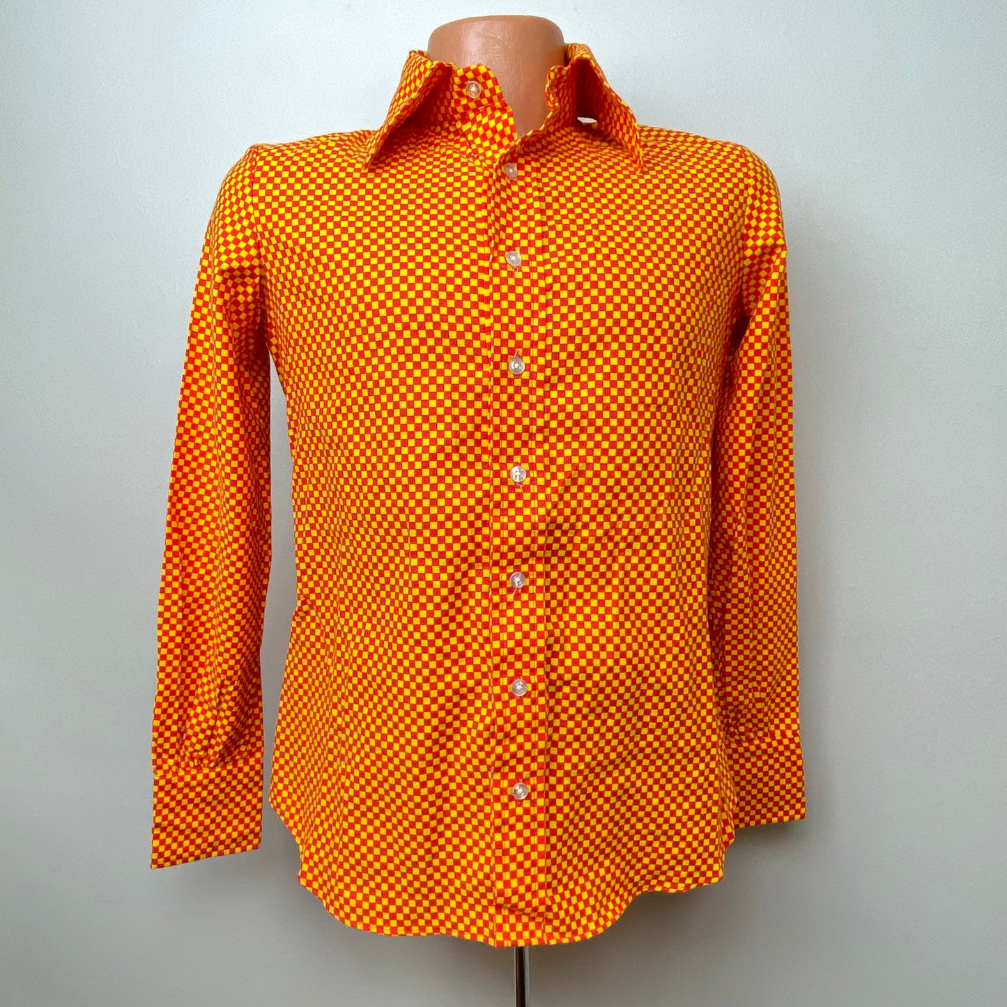 1970s Red & Yellow Checkerboard Shirt, Geoffrey Beene Bazaar, Size Medium, Deadstock