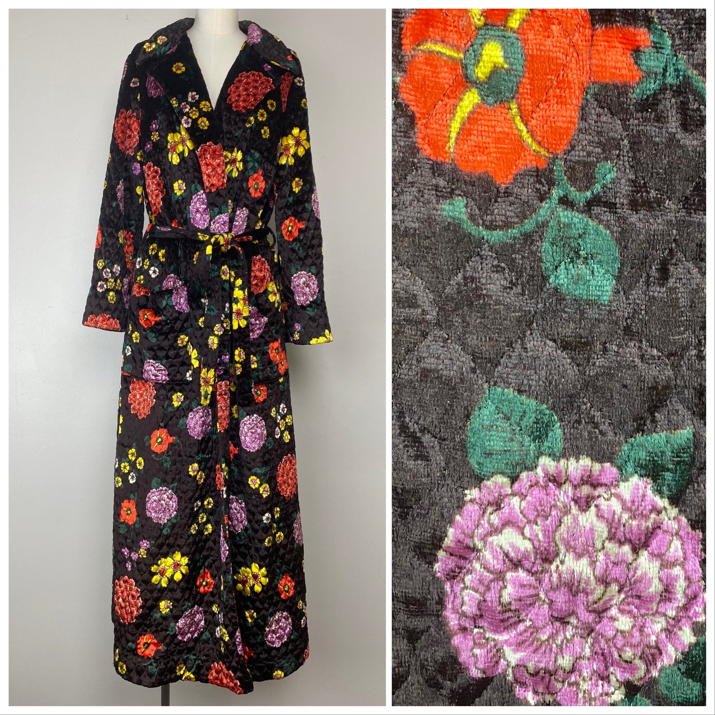 1970s Quilted Black Velvet Floral Robe, Size S/M