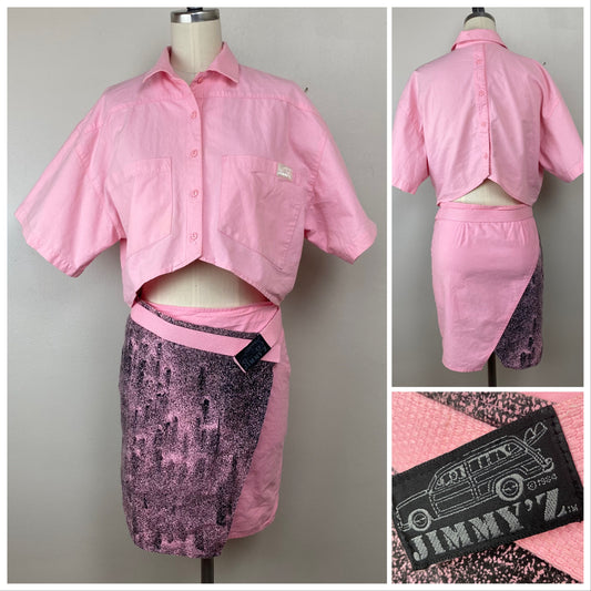 1980s Jimmy’Z Cropped Blouse and Wrap Mini Skirt, Size Small, Pink and Black, 1984, Vintage Surf and Skate