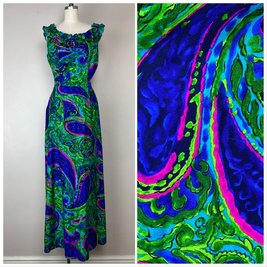 1970s Hawaiian Maxi Dress, Size Medium, Andrade Resort Shops Honolulu, Bright Psychedelic Paisley