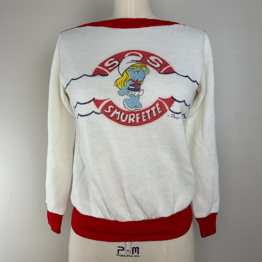 1980s SOS Smurfette Sweatshirt, Youth Size Large/Adult Size Small, The Smurfs Peyo 1982, Nautical kit
