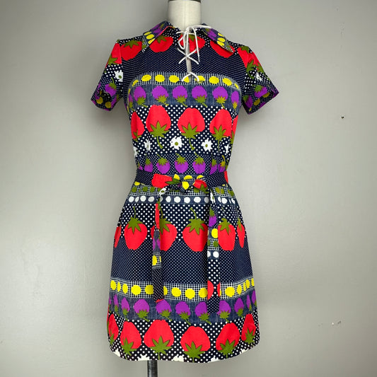 1970s Strawberry Print Mini Dress, Size Small