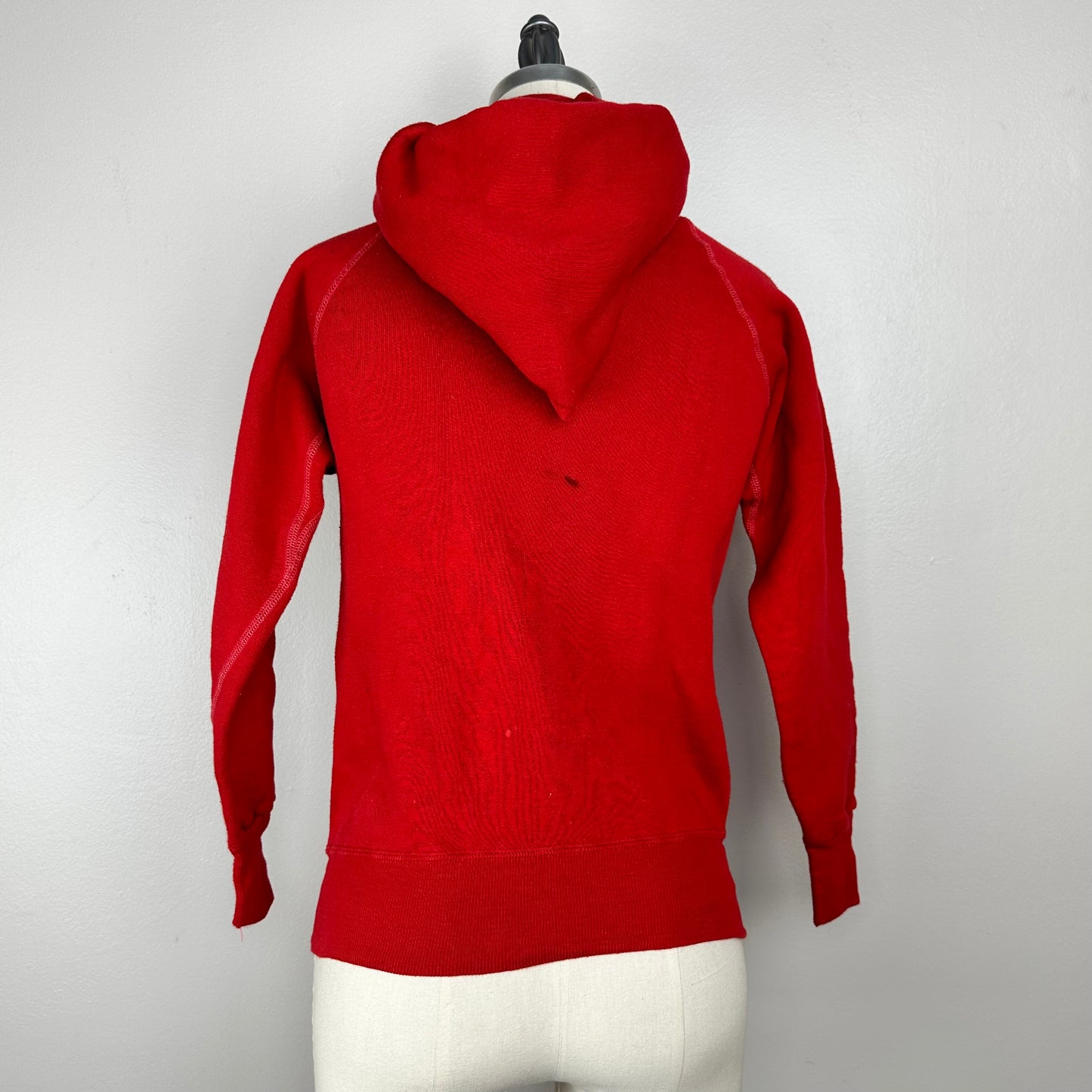 1960s/70s Red Blank Hooded Sweatshirt, Size XS, Underarm Gussets, Distressed