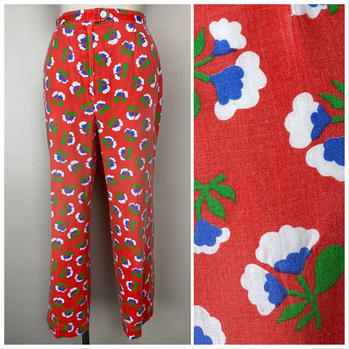 1970s/80s Red Floral Pants, Size Small, 26" Waist, High Rise, Tapered Leg