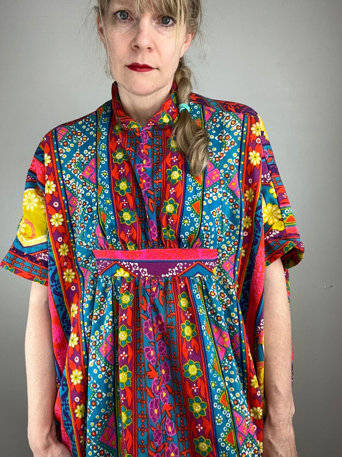 1960s Bright Floral Stripe Barkcloth Kaftan, Open Sizing