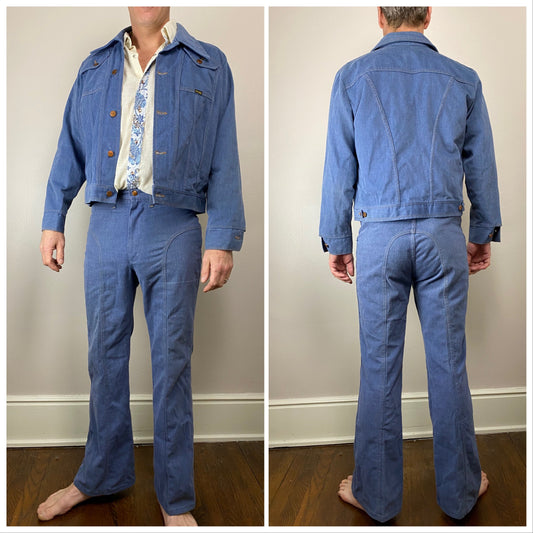 1970s Wrangler Men's Brushed Denim Suit, Cropped Jacket Size M/L, Bell Bottom Jeans 33.5"x31"