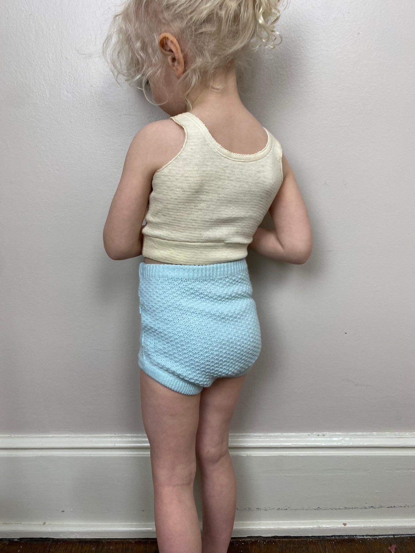 1970s Seed Stitch Knitted High Waisted Bloomer, Baby Blue Brief Shorts