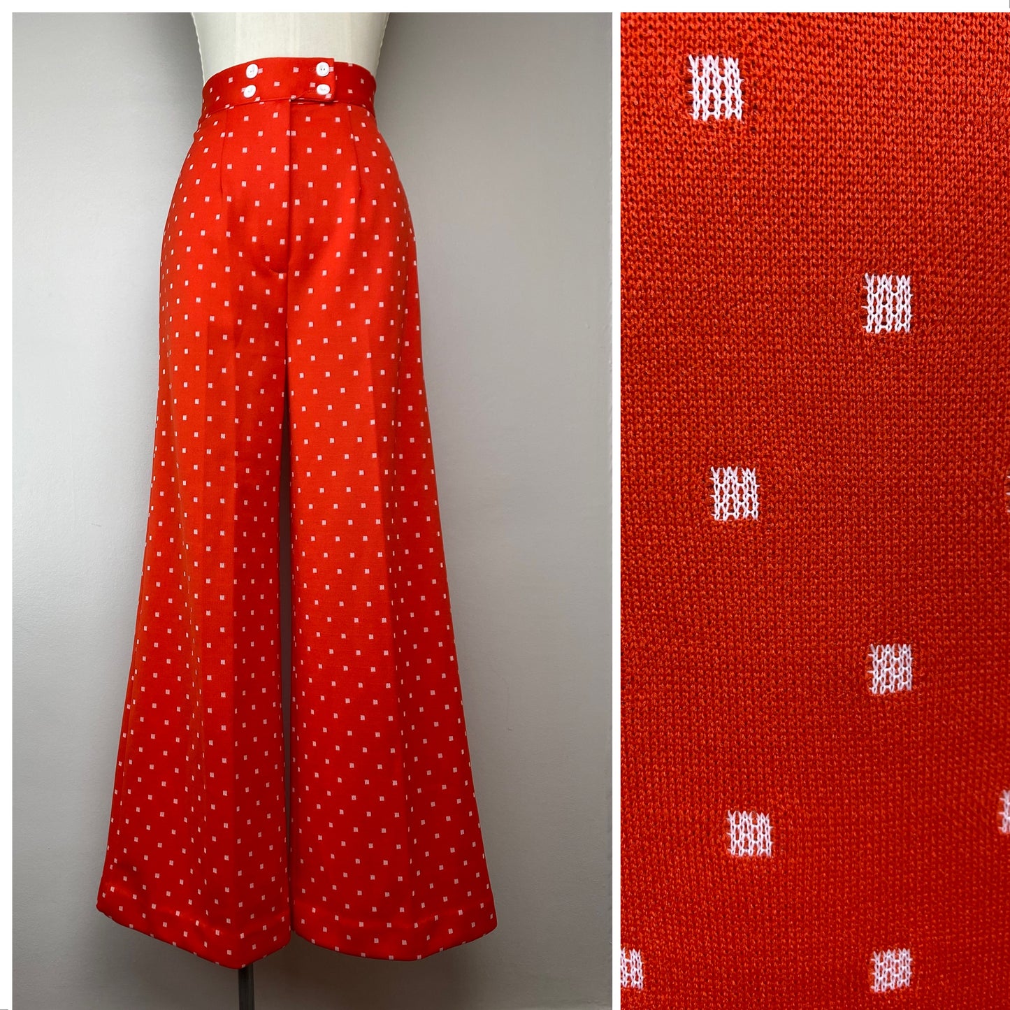 1970s Red Polka Dot Bell Bottom Pants, 27"x30.5"