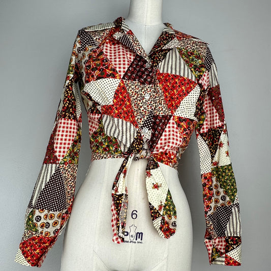 1970s Patchwork Print Cropped Tie Front Blouse, Size Small