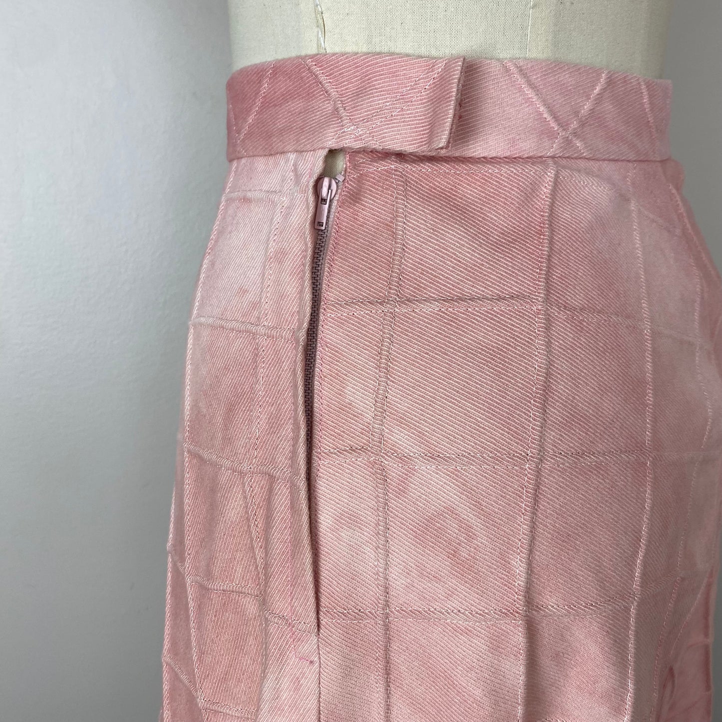 1970s Pink Denim Top and Skirt Set, Size XS/S, Tie Dye, Pin Tuck Grid