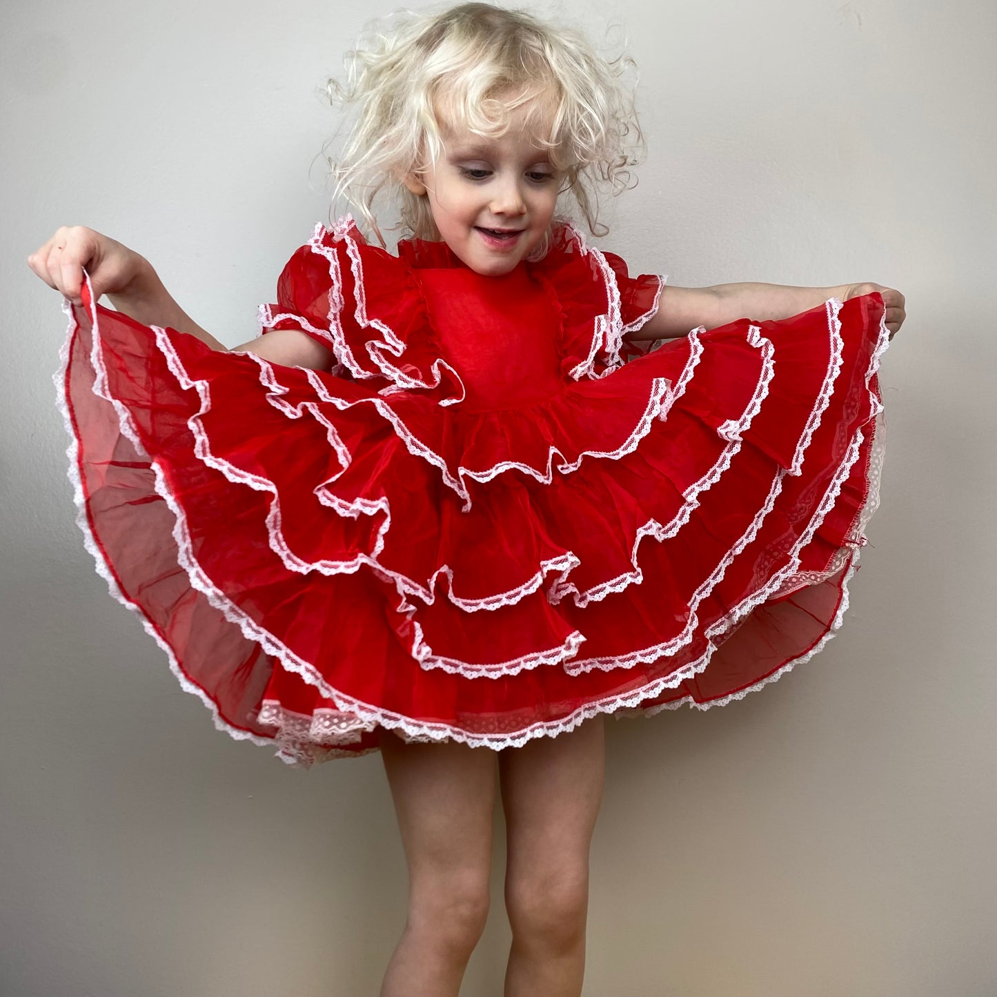 1980s "Fancy This" Sheer Red Frilly Dress, Size 3/4