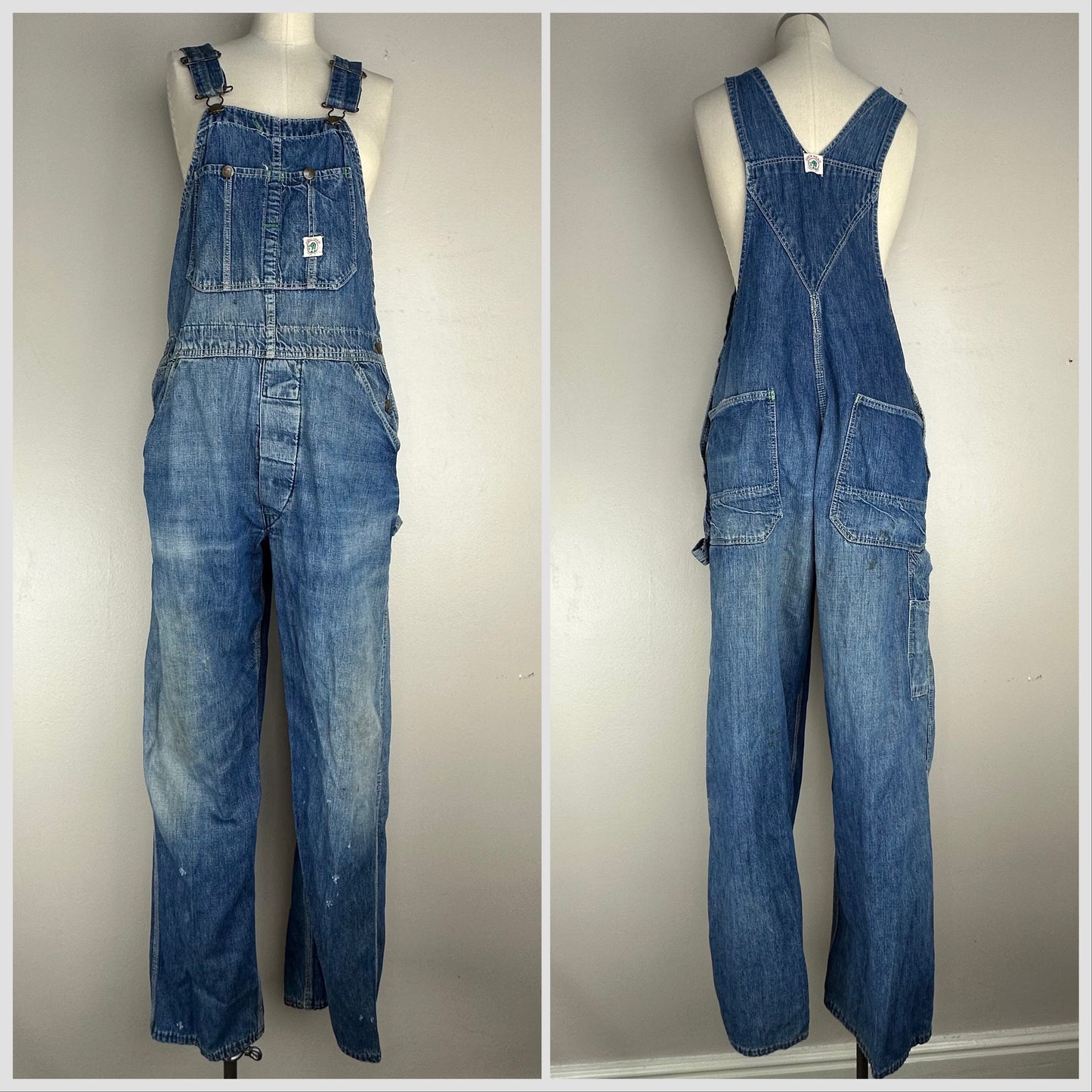 1960s Duck Head Denim Overalls, Size Medium, Distressed Workwear