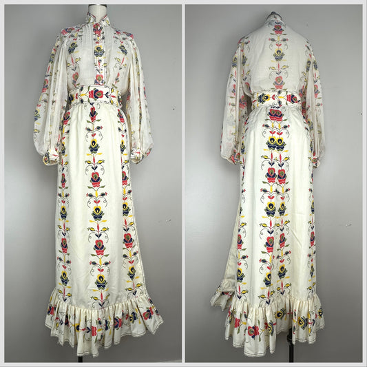 1970s Folk Art Floral Balloon Sleeve Blouse and Wrap Maxi Skirt