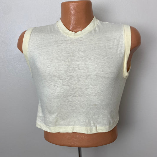 1980s Cream Crop Top Muscle Tee, Hanes Size Small, Blank