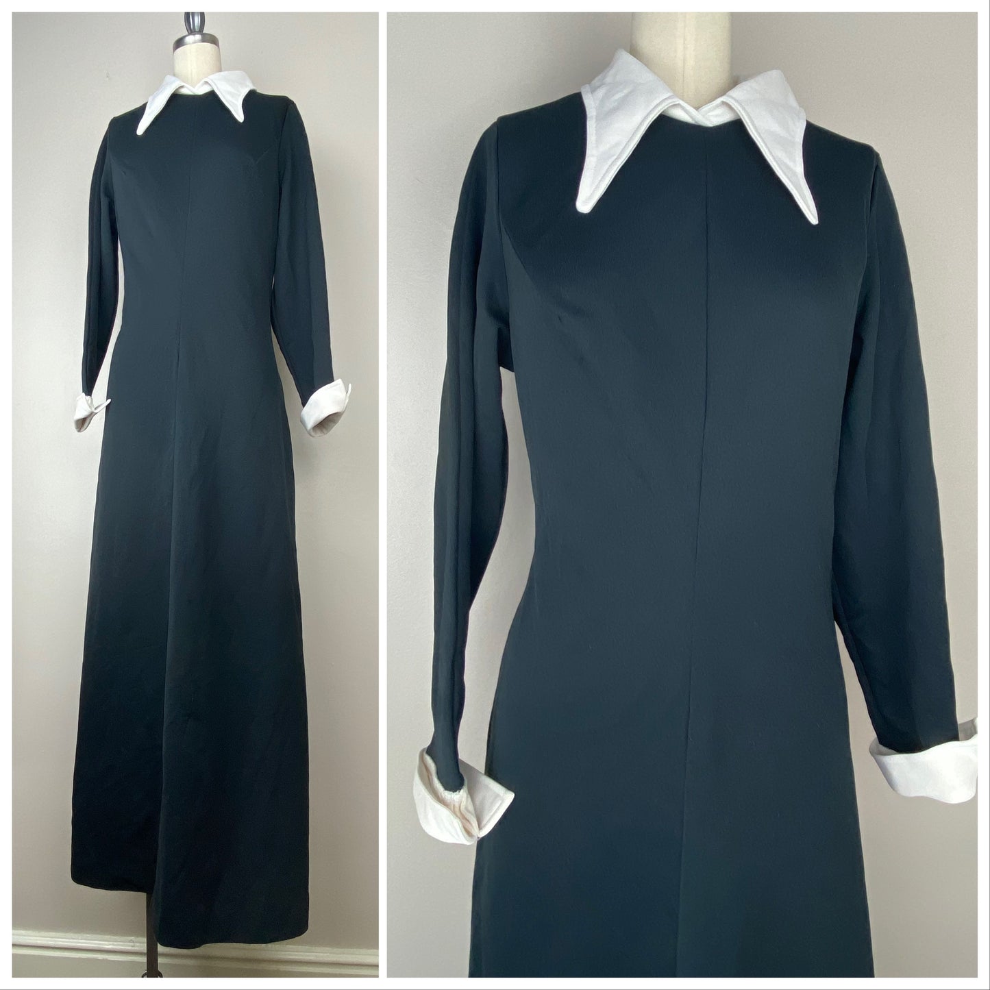 1970s Black Maxi Dress with White Pointed Collar and Cuffs, Sears Fashions Size M-L