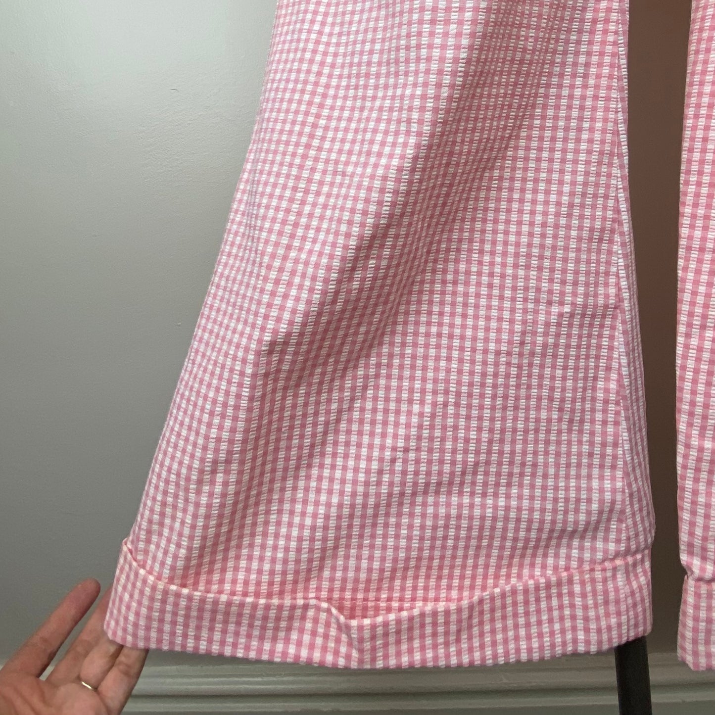 1970s Pink Gingham Seersucker Side Zip Bell Bottom Pants, 29"x 28.5"