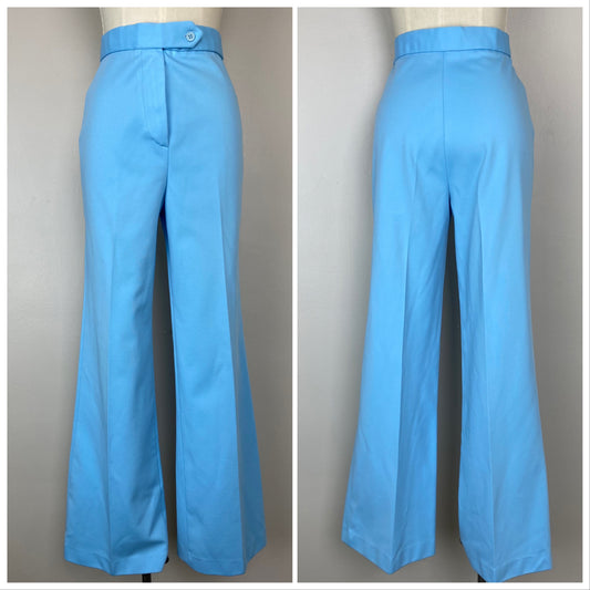 1970s High Waisted Bell Bottom Pants, Pastel Blue, Center Stage, Size Small, 26.5x32.5