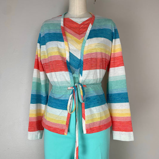 1970s Sears Mates Striped T-Shirt and Cardigan, Size Medium, Rainbow Space Dye