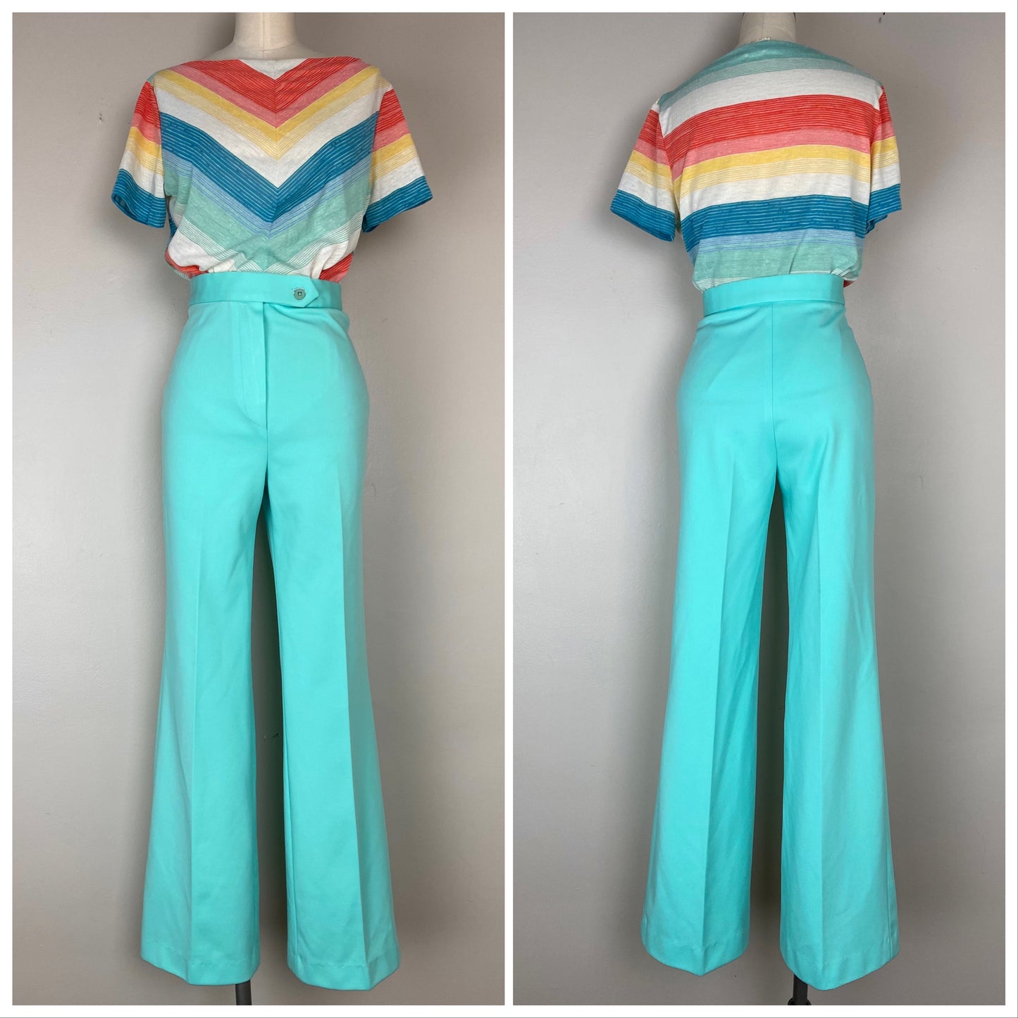 1970s High Waisted Bell Bottom Pants, Mint Green, Center Stage, Size Small, 25.5x33